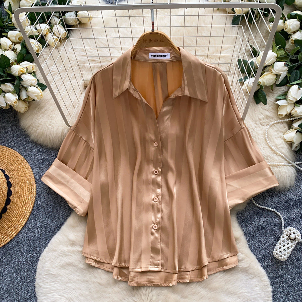 Korean style fashionable niche versatile satin blouse for women,  summer high-end slimming commute chic short top