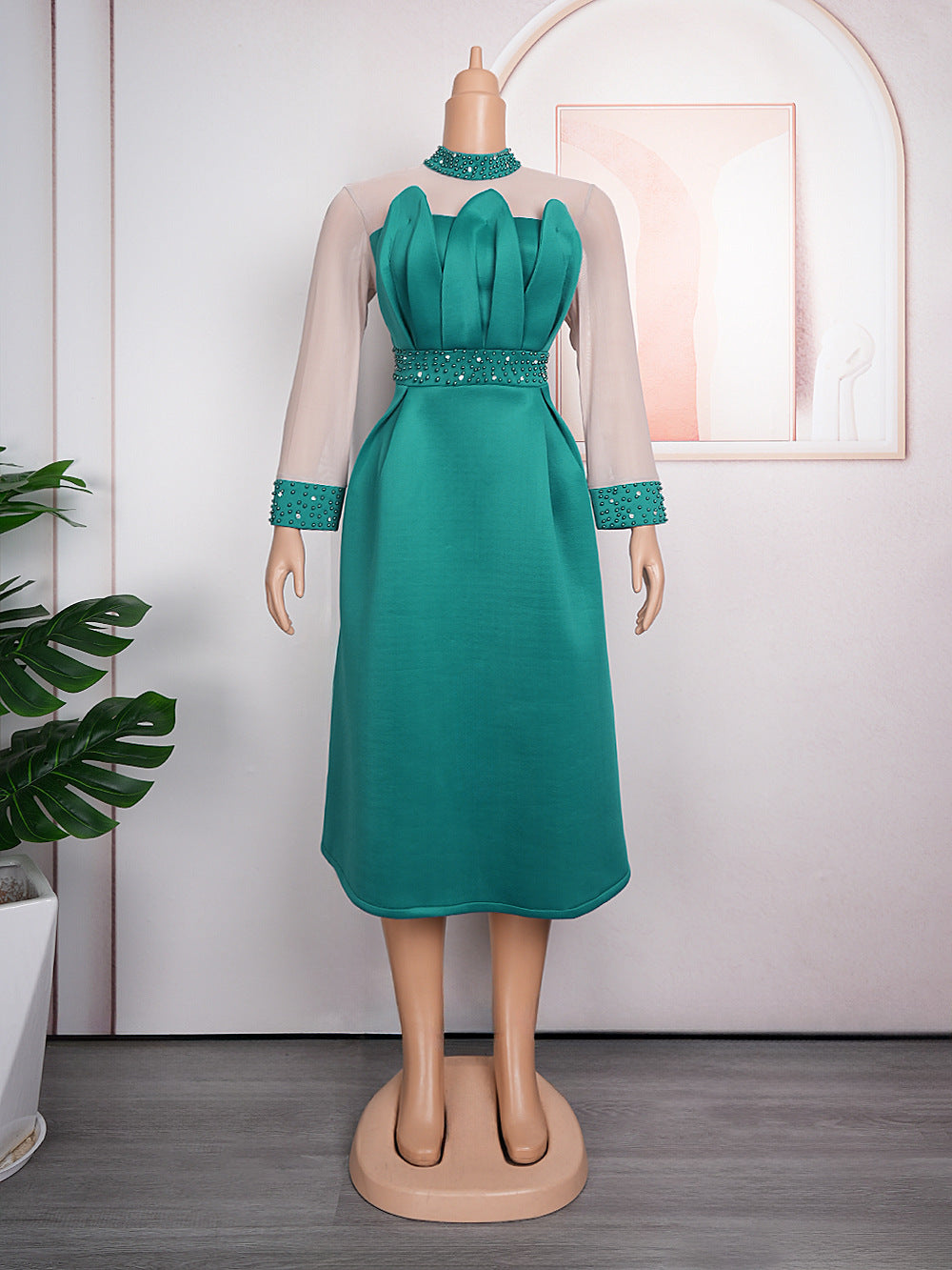 Plus size european and american women's space cotton high-waisted pleated evening gown dress african  beaded dress