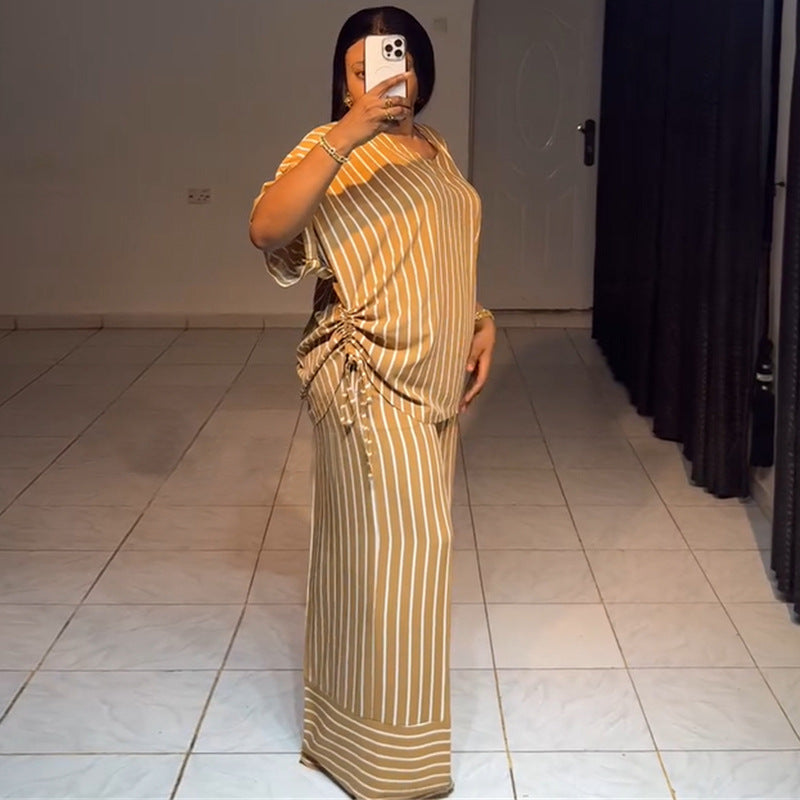 European and american cross-border women's clothing  summer new arrival: casual loose v-neck striped short-sleeve top and wide-leg pants set