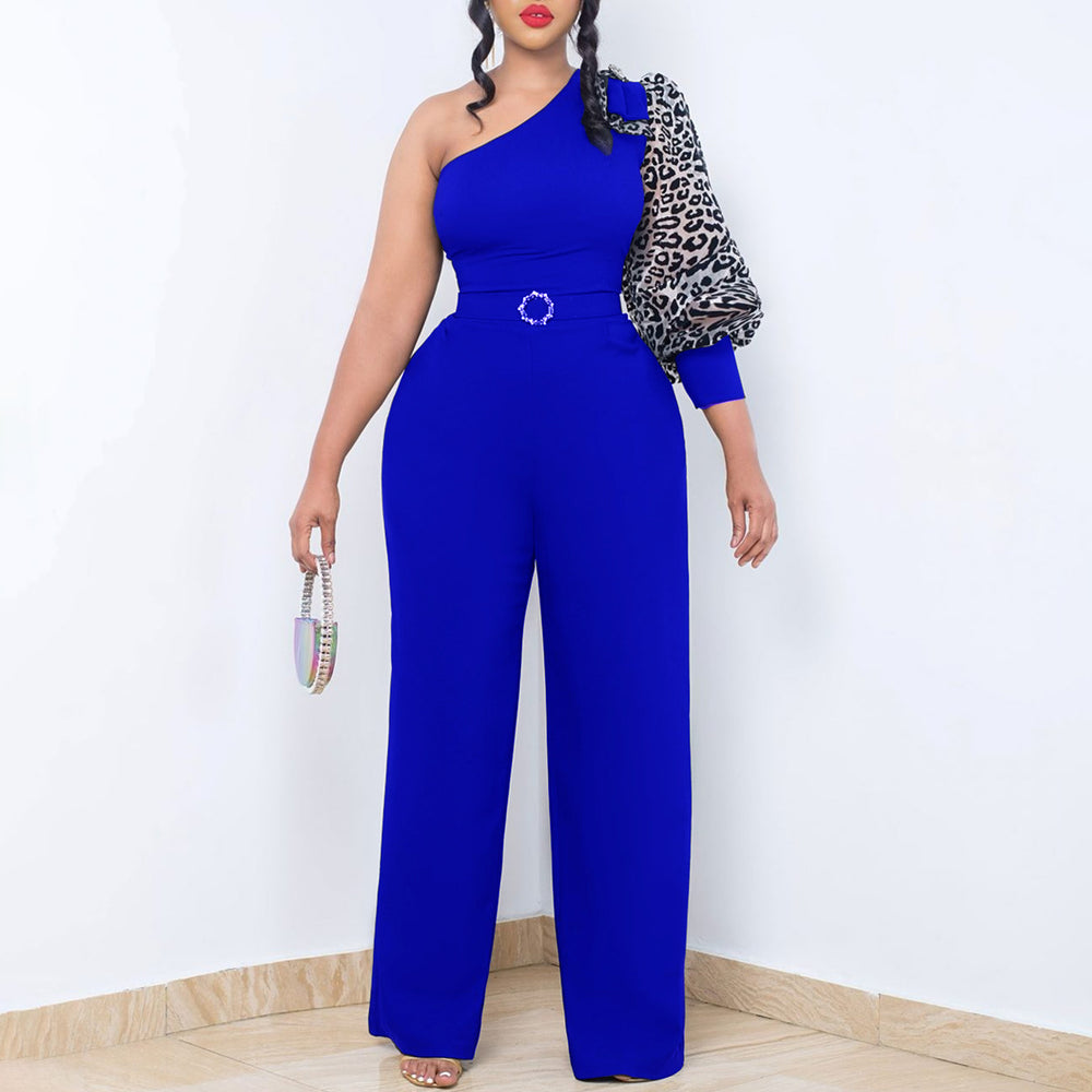 D405p with belt independent station foreign trade women's clothing slanted shoulder sexy waist elegant wide leg large size european and american jumpsuit