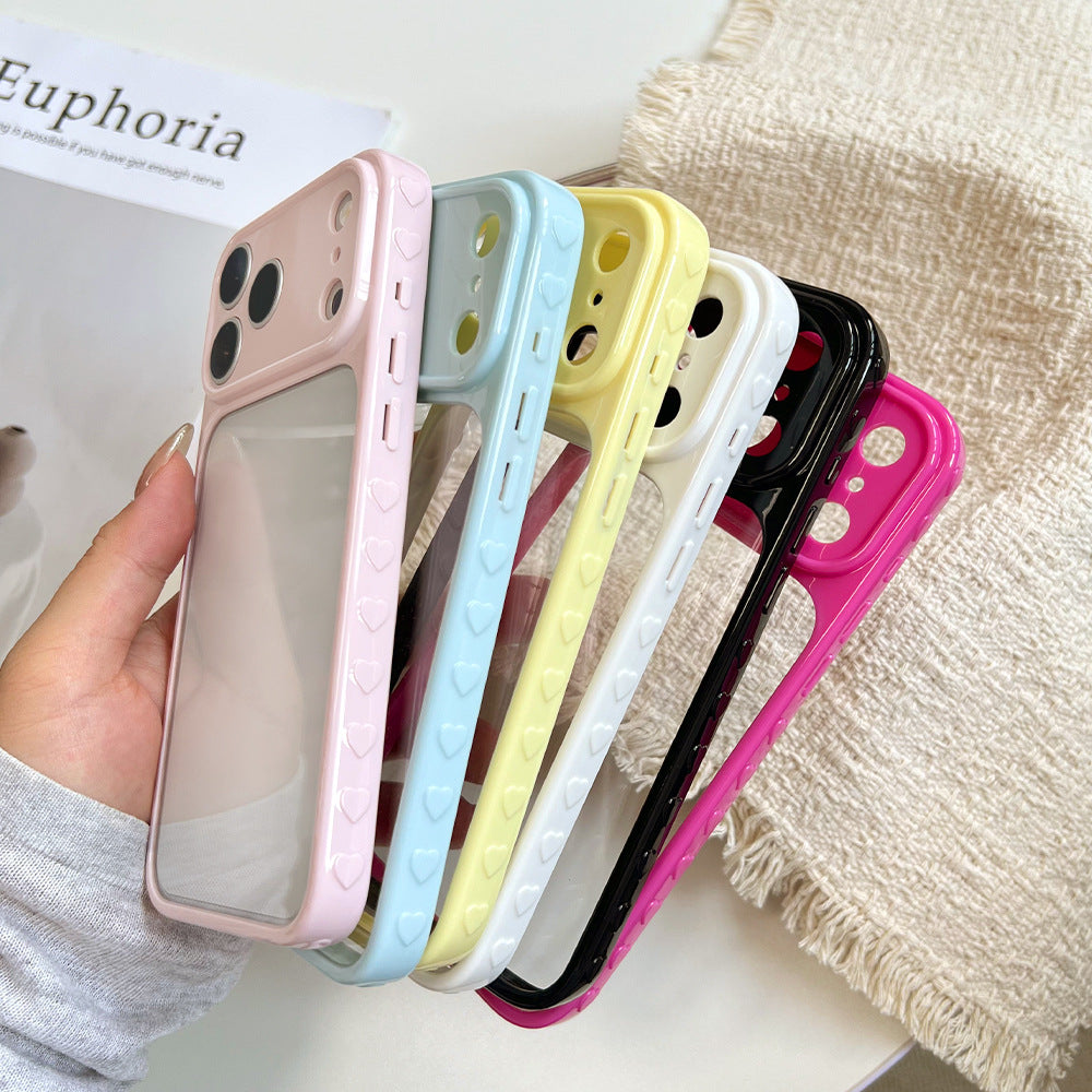 Side heart transparent back panel compatible with apple iphone 17 case - macaron six-color minimalist fresh iphone 18 protective cover