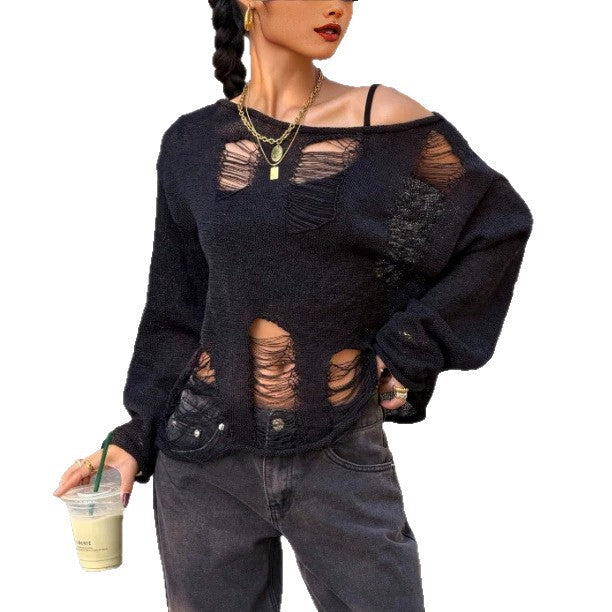 Korean style off-shoulder women's top - casual, relaxed fit, loose,  autumn new arrival, distressed & cutout long sleeve sweater