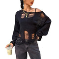 Korean style off-shoulder women's top - casual, relaxed fit, loose,  autumn new arrival, distressed & cutout long sleeve sweater