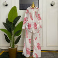 European and american cross-border women's fashion:  spring new collection - stylish turn-down collar printed loose-fit shirt and wide-leg trousers casual set