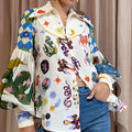 cross-border european and american women's clothing: new summer collection - graffiti print, turn-down collar, lantern sleeve, loose fit, slimming long-sleeve shirt