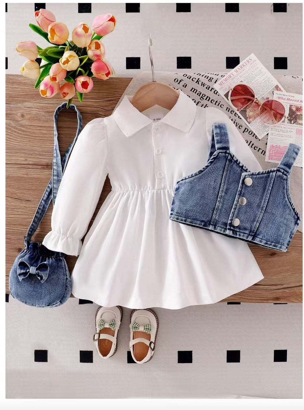 fashionexportfashionsummernew arrivalgirlsuitpure color puff sleeve dress with suspenders bag three-piece set