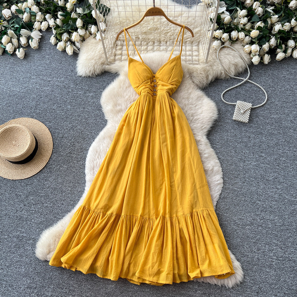 French yellow camisole sexy backless dress - women's summer korean style high waist ruffle trim slimming vacation maxi dress