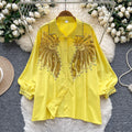 European and american style high-end lantern sleeve blouse - women's autumn heavy embellishment sequin & rhinestone loose fit design - executive lady top