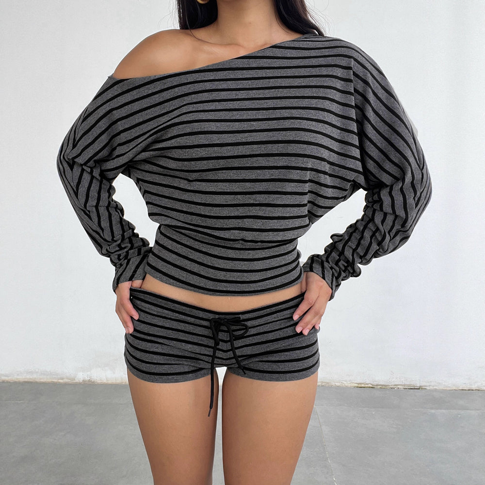 American retrostripesprintingloose shoulder t-shirt women's autumexporteasiest for matchins waist new arrivaltops