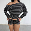 American retrostripesprintingloose shoulder t-shirt women's autumexporteasiest for matchins waist new arrivaltops