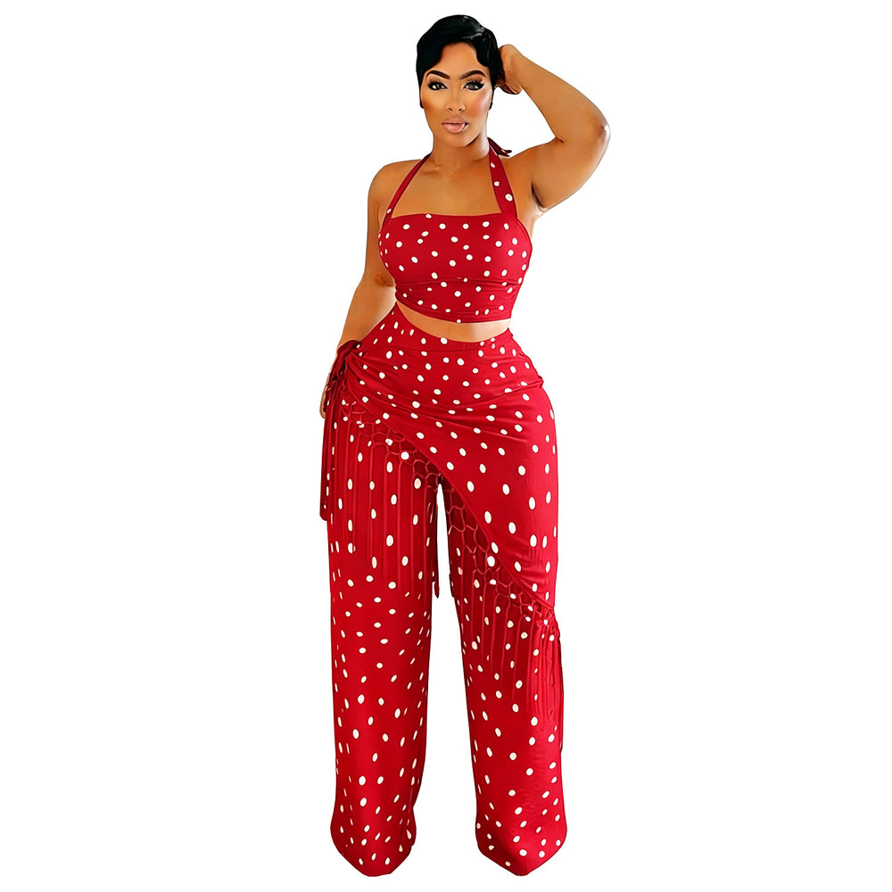 C7695 cross-border   fashion women's casual thin tassel polka dot wide-leg pants set