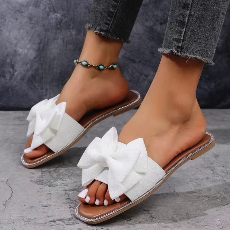 new flat rhinestone bow one-strap slippers women's outdoor wear solid color lightweight fabric sandals