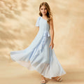 Custom-made european-style chiffon sundress for girls, perfect for export. this flowy and fresh dress features a minimalist design with short sleeves
