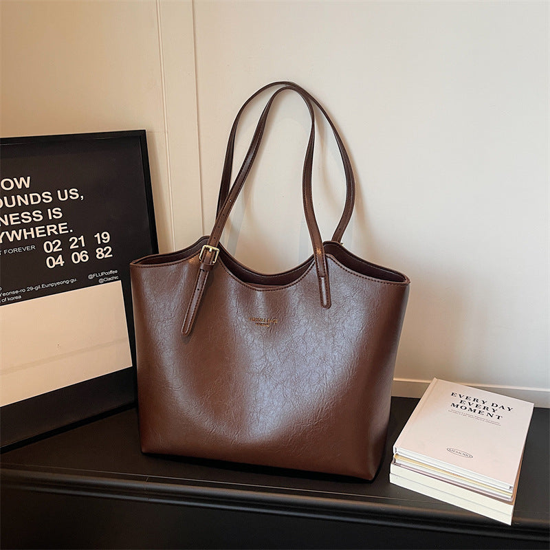 Large capacity retro bag women's high-end texture work clothing women's shoulder bag new arrivalcasualeasiest for matchpure color tote bag