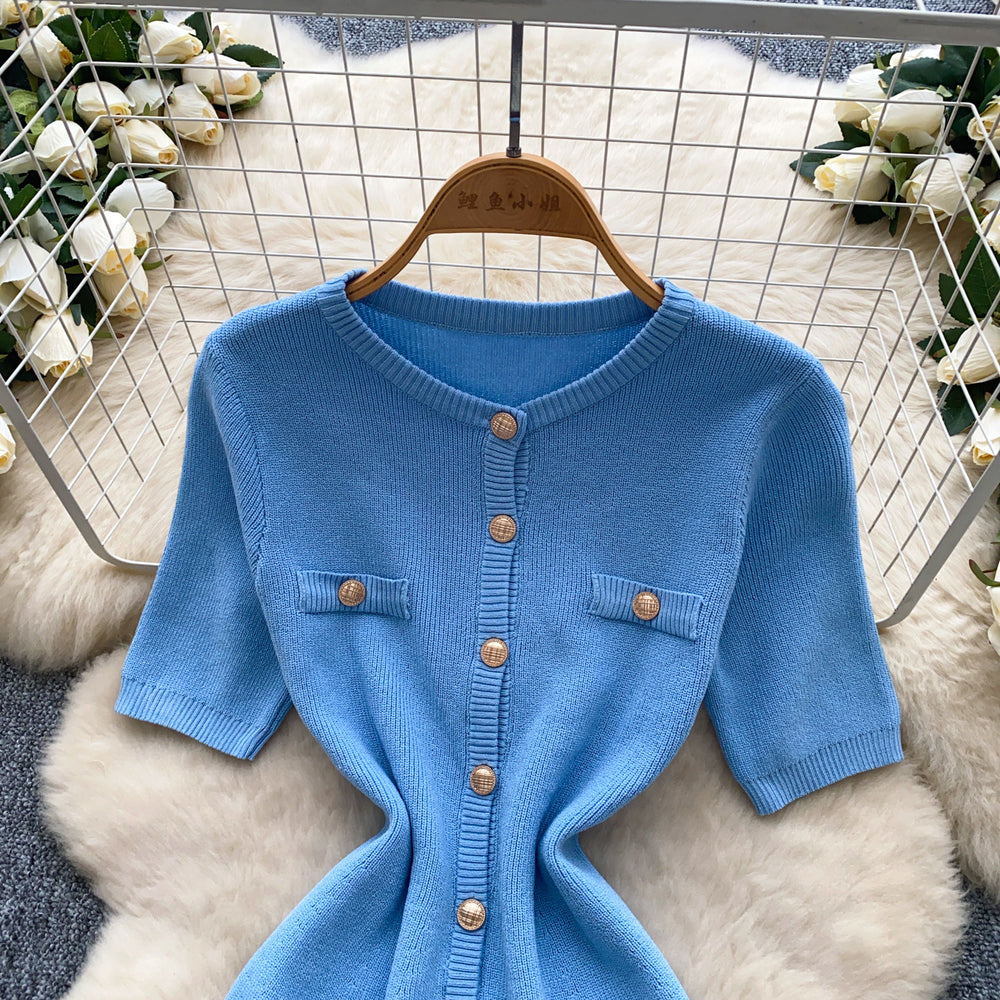Xiaoxiangfengclassyfashionable metal buckle silm short-sleeved dress women's summer waist slimming lookelegantsweater skirt