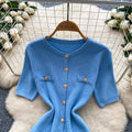 Xiaoxiangfengclassyfashionable metal buckle silm short-sleeved dress women's summer waist slimming lookelegantsweater skirt