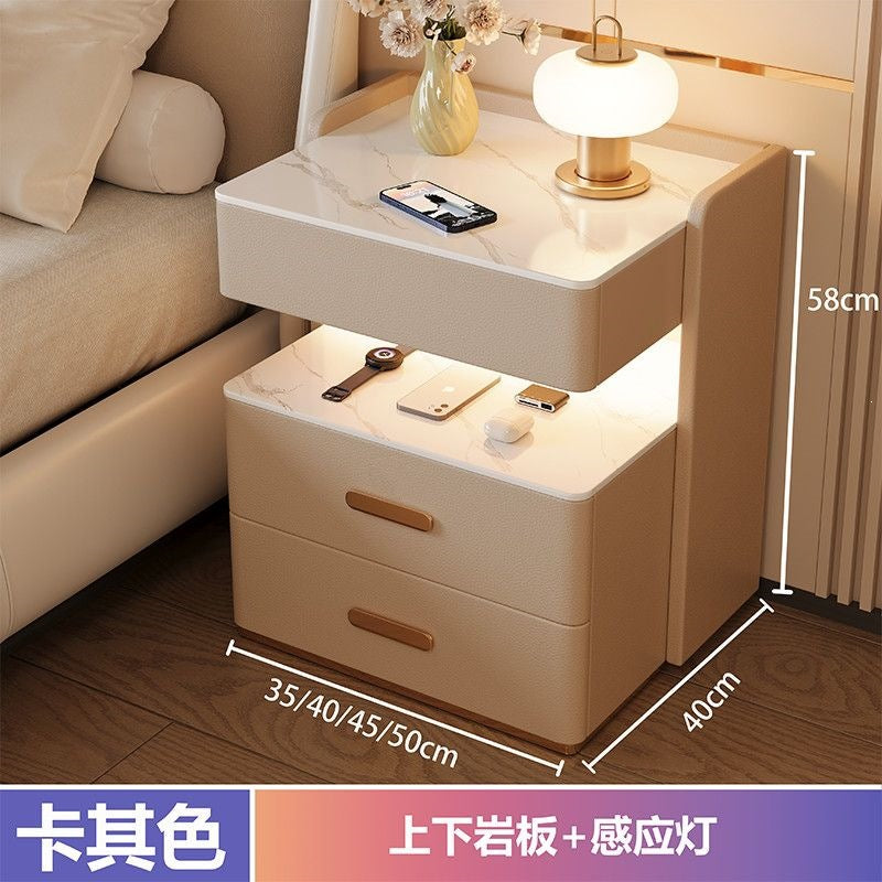 Solid wood smart light luxury bedside table - modern, high-end, home bedroom, minimalist, multifunctional, wireless charging & storage