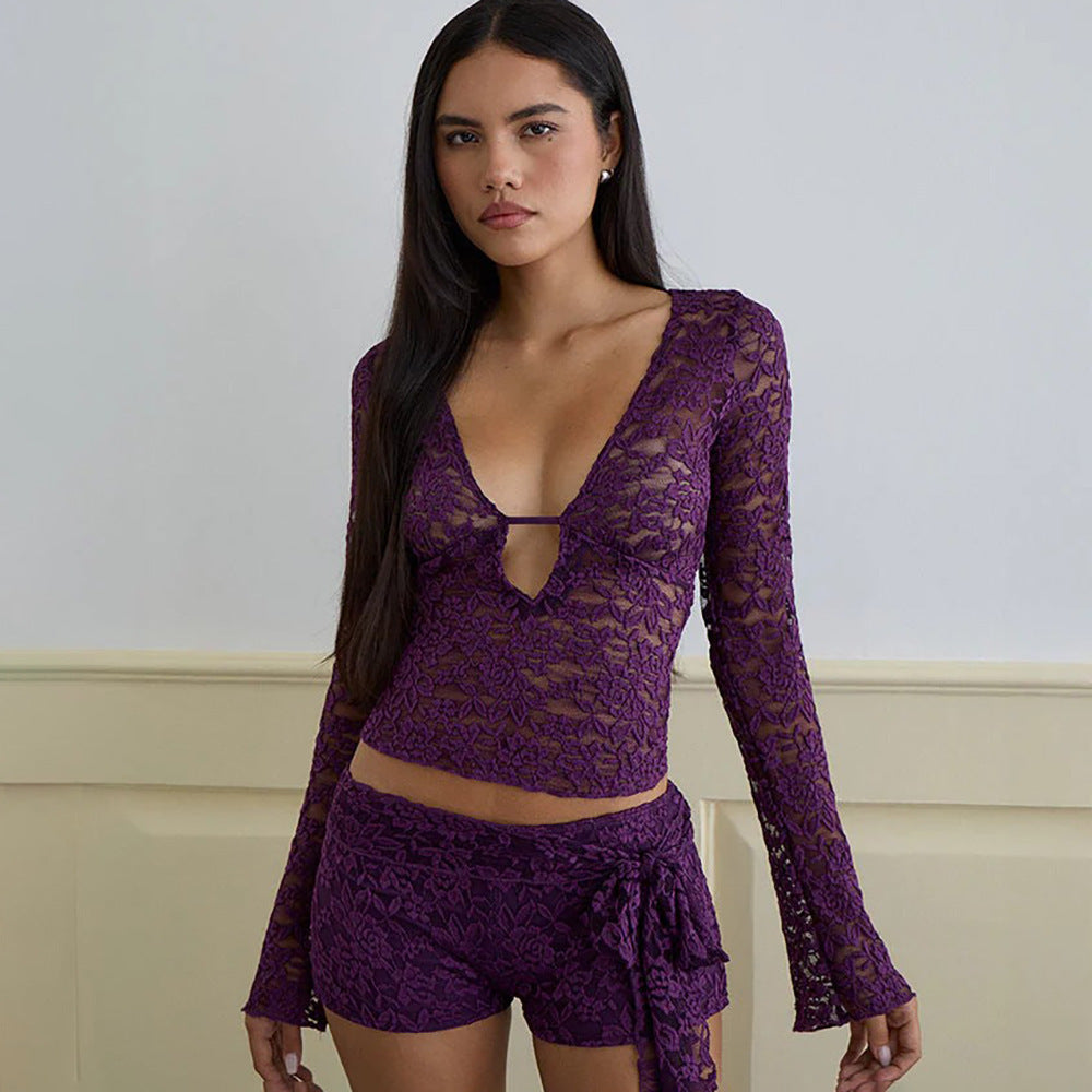 European and american export women's clothing  new fashion low-cut long sleeve t-shirt sexy lace see-through versatile top wholesale