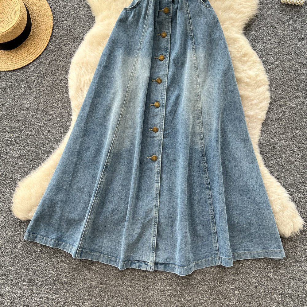 K-stylework clothing lapel sleeveless denim dress women's summerhigh waist waist single breasted slimming lookelegant long skirt