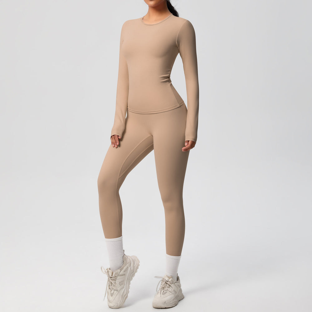 Ready-to-ship cross-border double-sided brushed solid color compression training long sleeve yoga set - activewear running fitness two-piece outfit