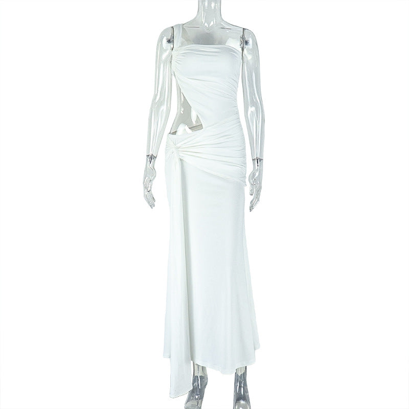 Fashion cross-border pure color women's clothing pleated silm exposed backpack hip asymmetrical skirt one shoulder cut out strap long dress