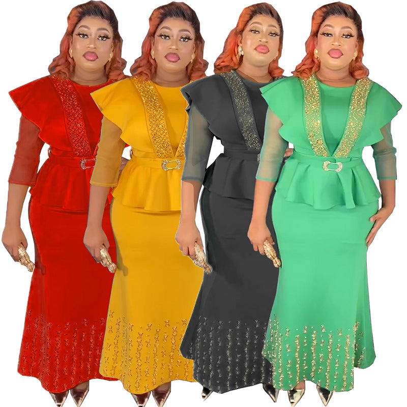 Special offer: african-style cinched waist top with beaded and rhinestone embellished solid color midi skirt - plus size european and american style dress