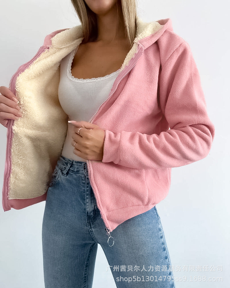 LZR18884 European and American women's clothing autumn and winter fleece warm multi-color primer fleece casual health hat cardigan