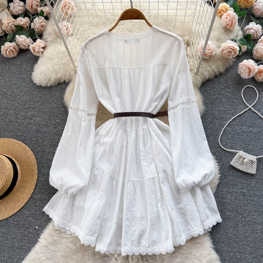 Spring lace cut out waist doll princess dress women's long sleeves whitedress women's niche style vacation style fairy dress