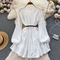 Spring lace cut out waist doll princess dress women's long sleeves whitedress women's niche style vacation style fairy dress