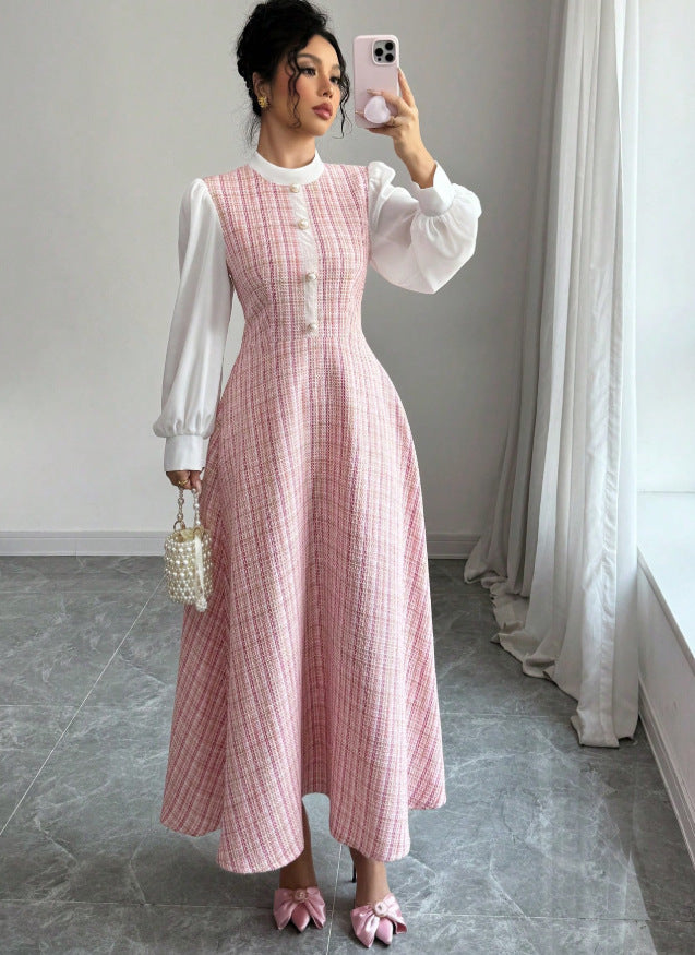 european and american new arrival: pink-toned vertical stripe chanel-inspired maxi dress with stand collar, chiffon bubble long sleeves, and pearl button detail