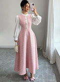 european and american new arrival: pink-toned vertical stripe chanel-inspired maxi dress with stand collar, chiffon bubble long sleeves, and pearl button detail