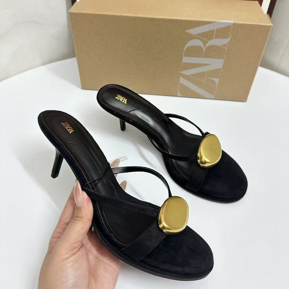 Za summer new arrivals 2025: women's round-toe heeled sandals with metal buckle strap detail and open back – stylish ankle strap sandals