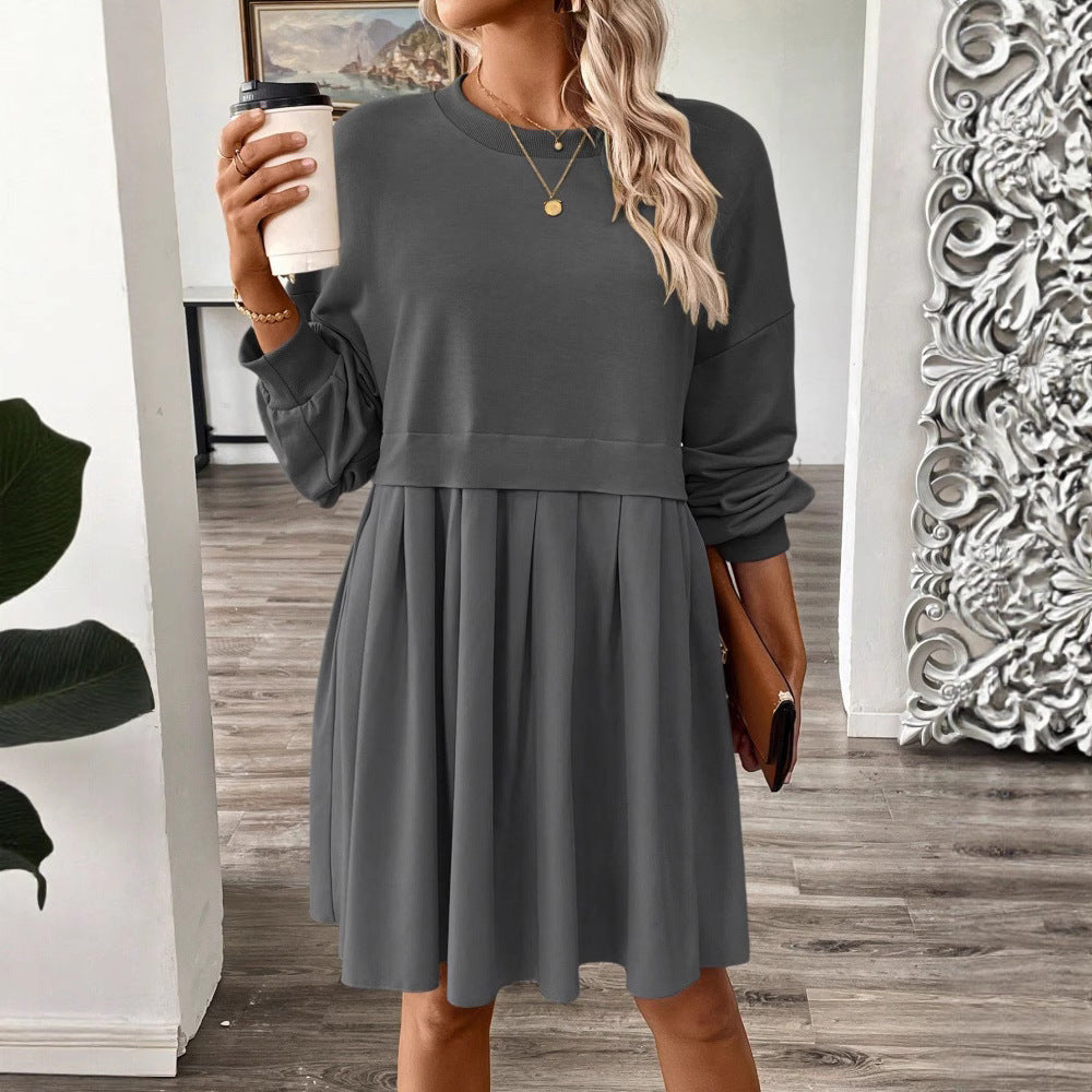 fashion  fall and winter women's pure colorlong sleevespatchworksweatshirtdresselegantwork clothing