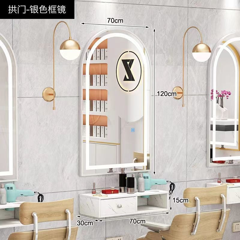 Influencer-approved barber shop mirror table, salon wall-mounted minimalist hairdressing mirror, touch-control led hairdressing mirror