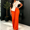 Autumnew arrivalfashion lapel jumpsuit lotus leaf hem patchworkcontrast colorslimming look jumpsuit jumpsuits