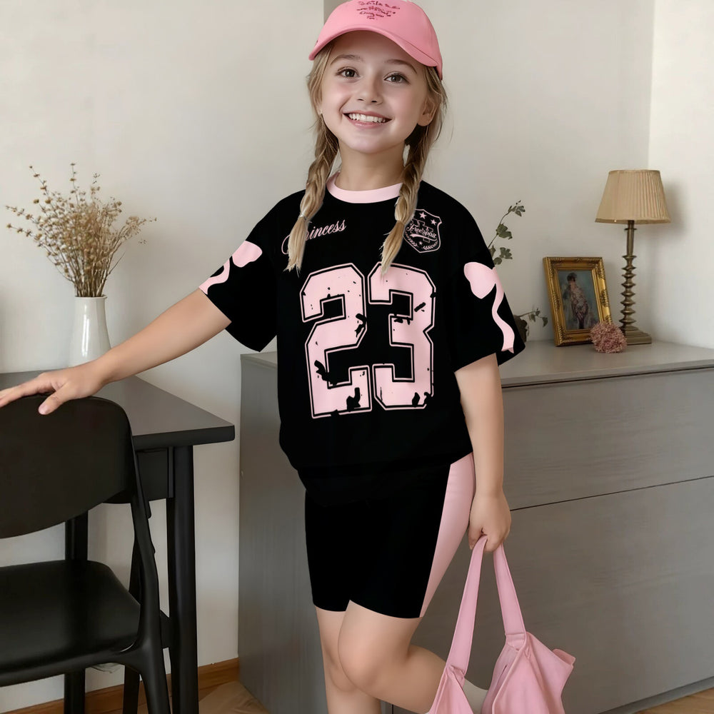 Wholesale girls' clothing: versatile t-shirt and shorts set - casual two-piece outfit, ready stock, direct supply