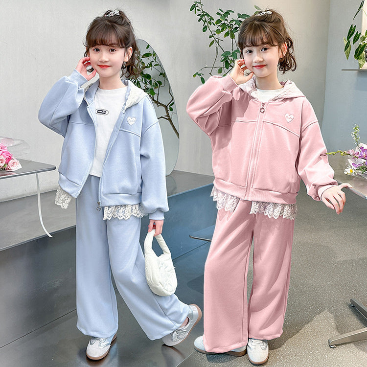 Girls' spring outfit : new stylish casual sporty lace-trimmed hooded jacket two-piece set for spring and autumn