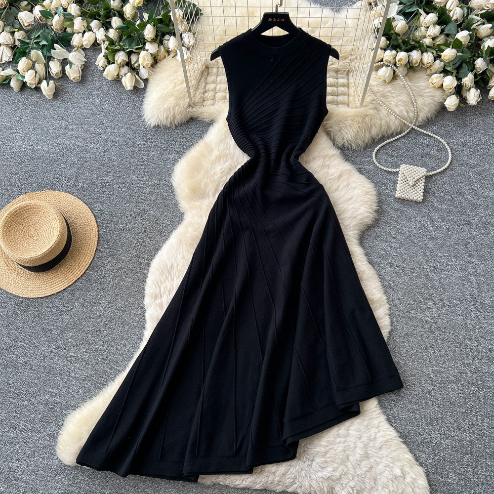 French chic sleeveless knit irregular hem dress - women's summer retro a-line dress - slimming, elegant, and versatile workwear maxi dress