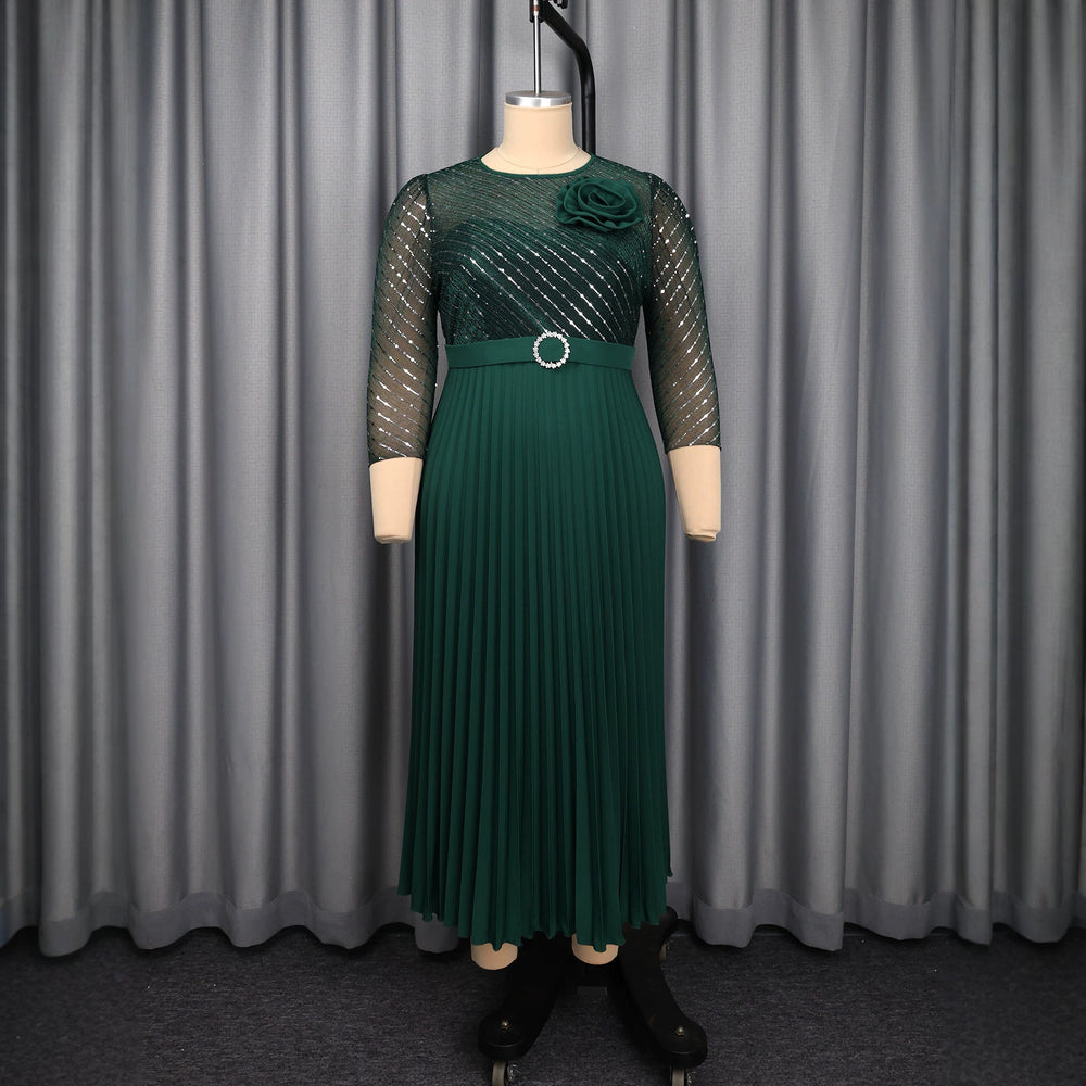 Autumnew arrivalstereo flower mesh dress hot diamond belt waist long sleeves evening dress pleated skirtdress