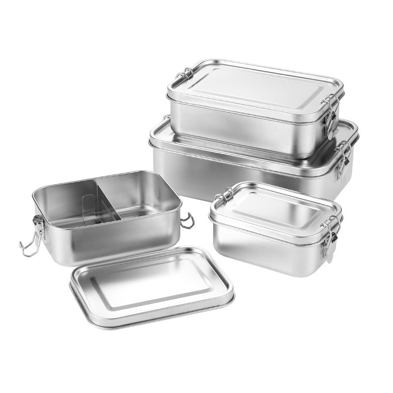 Outdoor 304 stainless steel square lunch box with snap-lock lid, food-grade bento box for students and office workers, airtight meal container