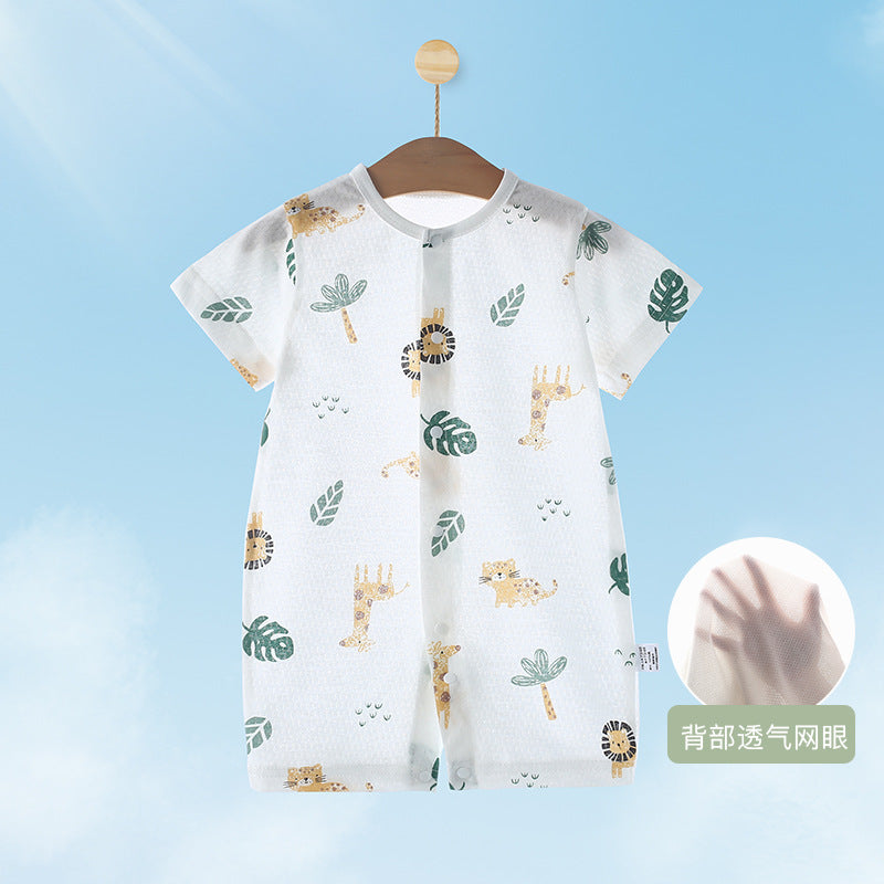 Baby short-sleeve snap-crotch romper, infant home air conditioning suit, breathable mesh crawling jumpsuit for 0-2 year olds