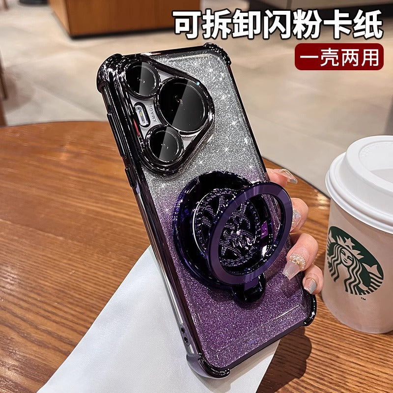 Suitable for huawei mate80 mobile phone case, rotating gyro bracket, honor p80pro electroplated four-corner glitter shell