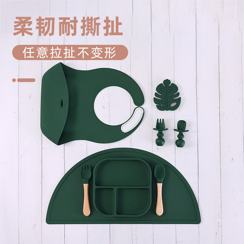 Children's silicone plate set 11-piece set, suction cup non-slip bowl and spoon set, baby food supplement integrated feeding tableware