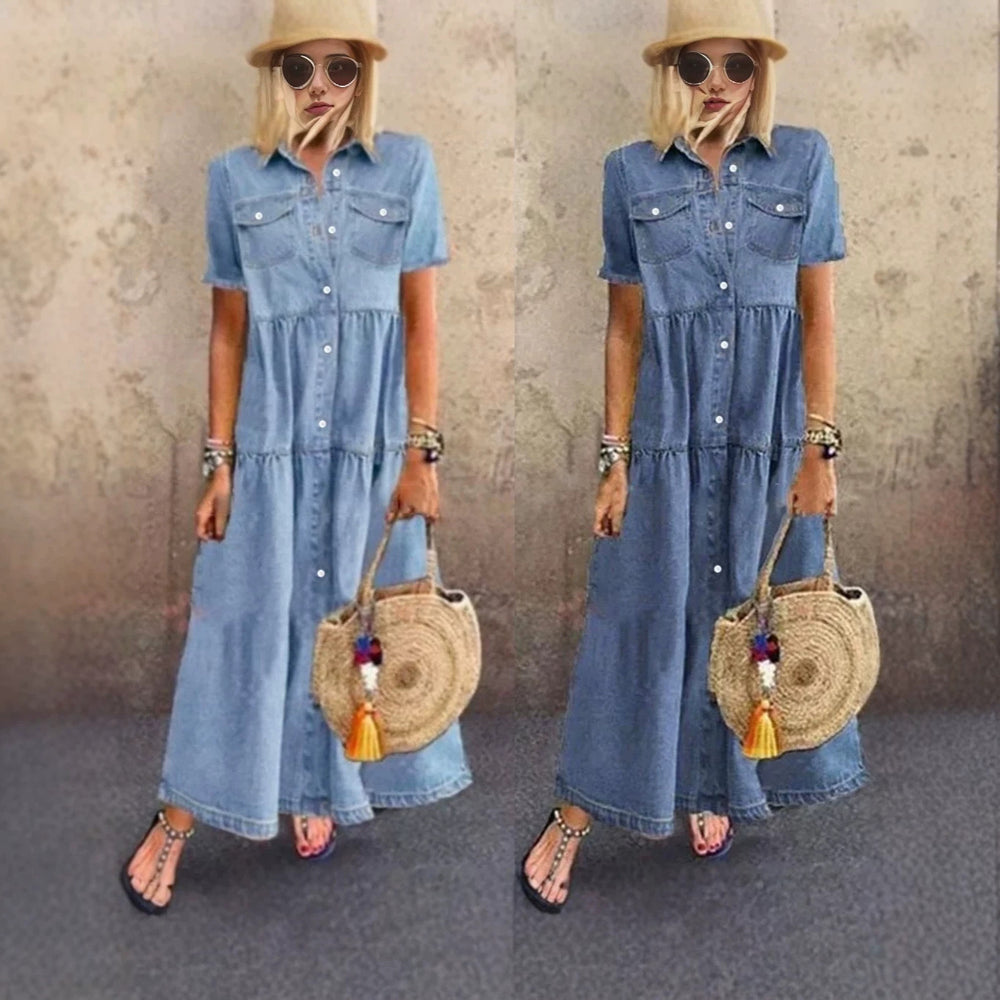 fashionindependent stationexportfashiontrendysummer short-sleeved casual style lapel distressed denim dress