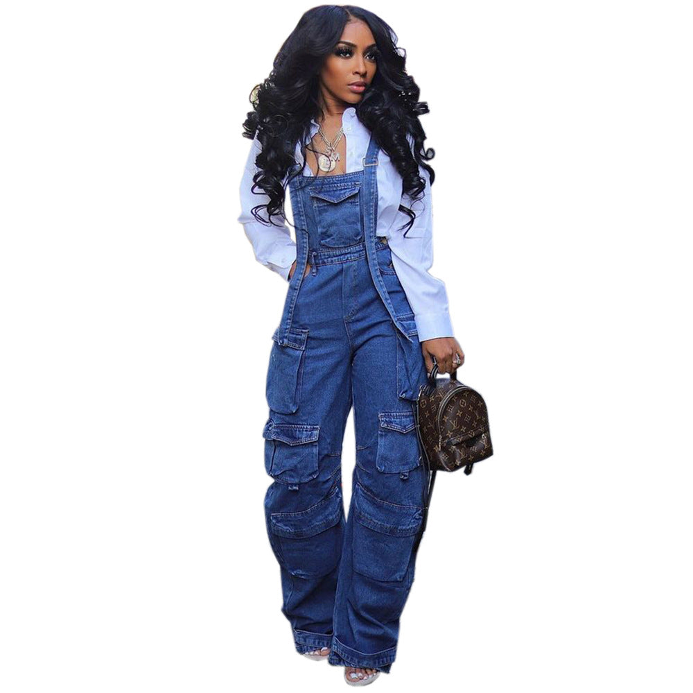 European and american style loose denim overalls -  cross-border women's spring streetwear fashion multi-pocket jumpsuit