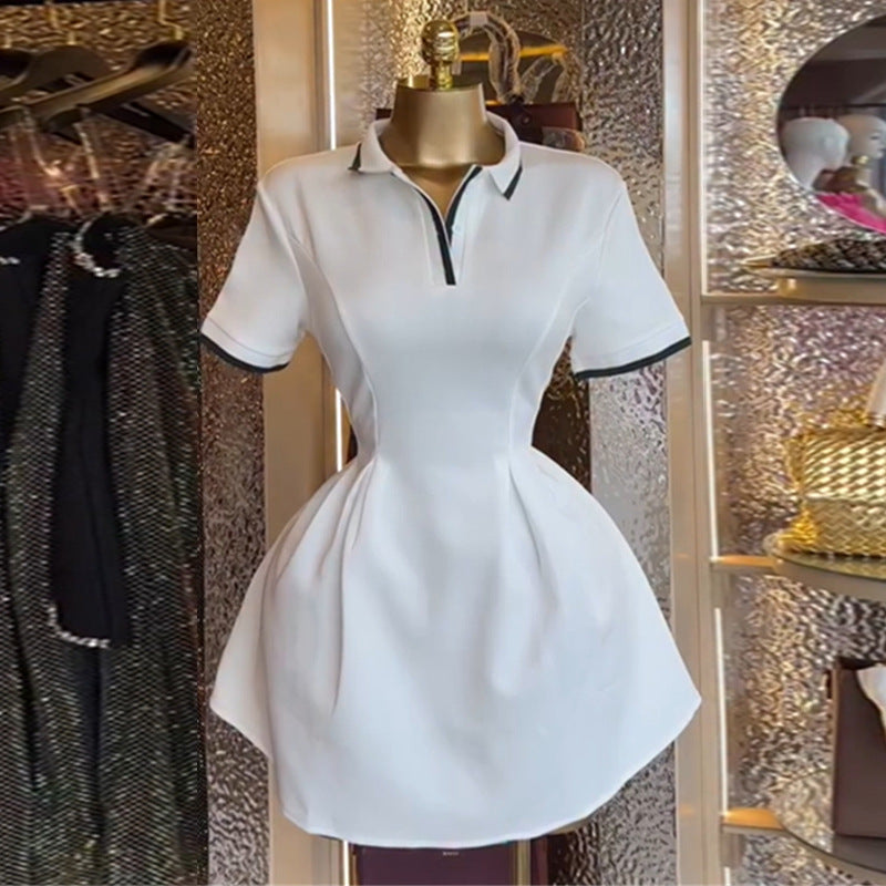 European and american women's clothing  autumn new collection: sweet and fresh polo collar short sleeve a-line mini dress with cinched waist