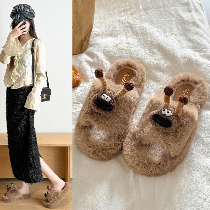Antenna twist stick cute furry slippers for women fall and winternew arrivaloutwearstuffed velvet non-slipheattech home couple cotton slippers