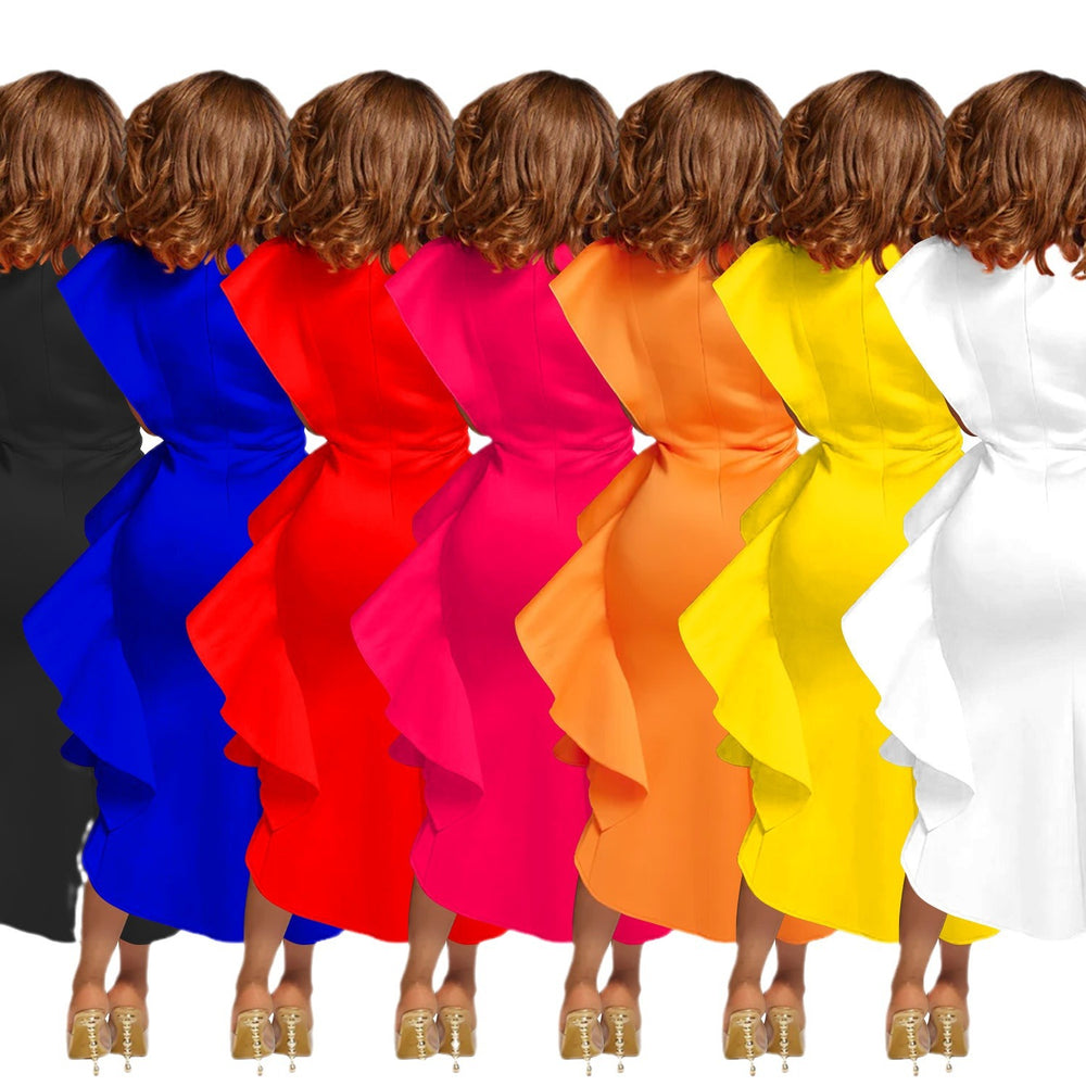 C6740 cross-border   fashion women's solid color belted ruffle asymmetrical dress