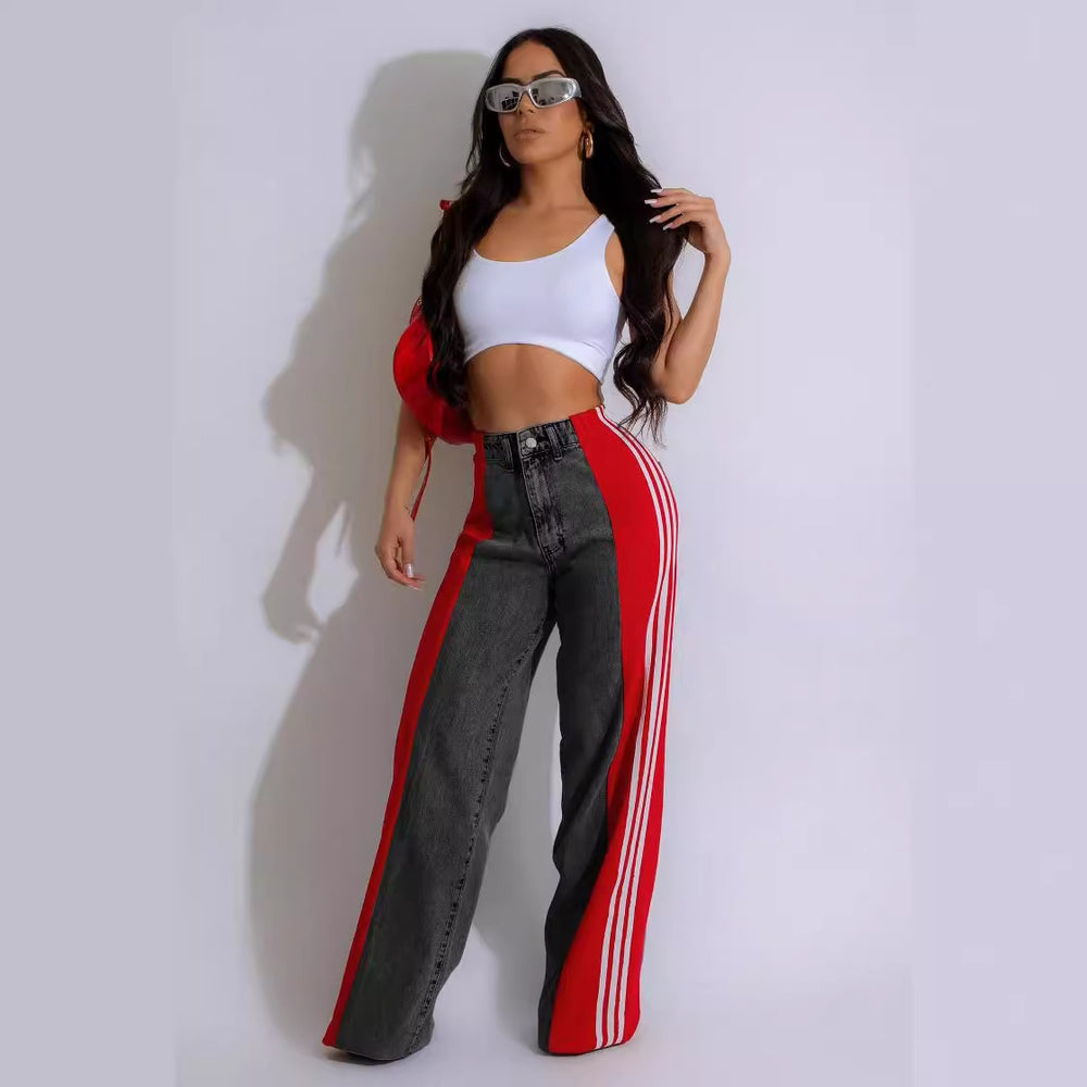summer fashion patchwork three-stripe wide-leg denim pants - new women's casual high-waisted stretch straight-leg trousers