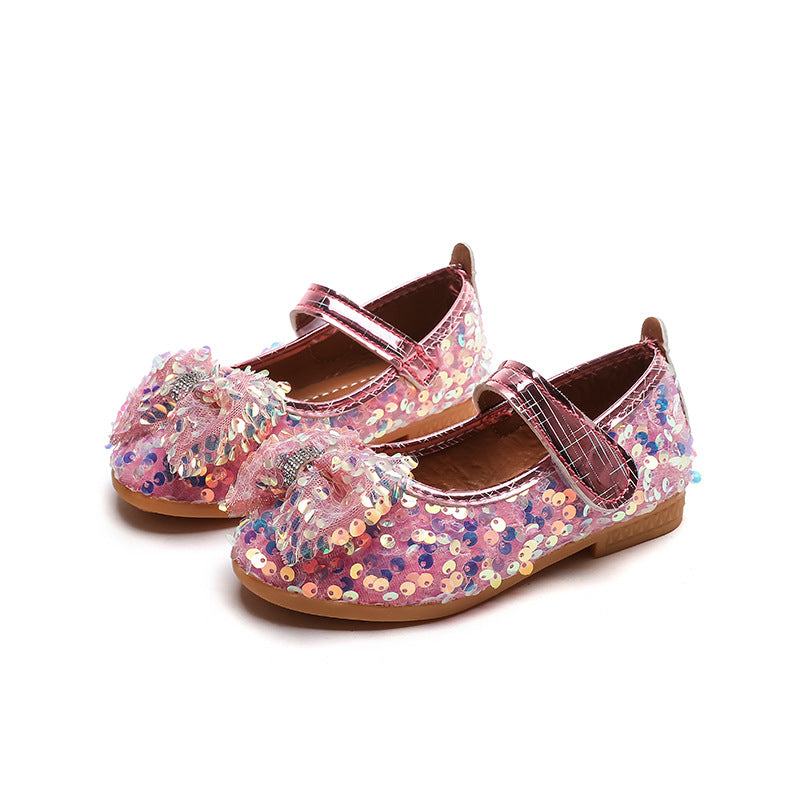 Girls'  spring new collection: sparkling soft-soled princess leather shoes for mid-to-large children - wholesale direct from the manufacturer, featuring hook-and-loop fasteners
